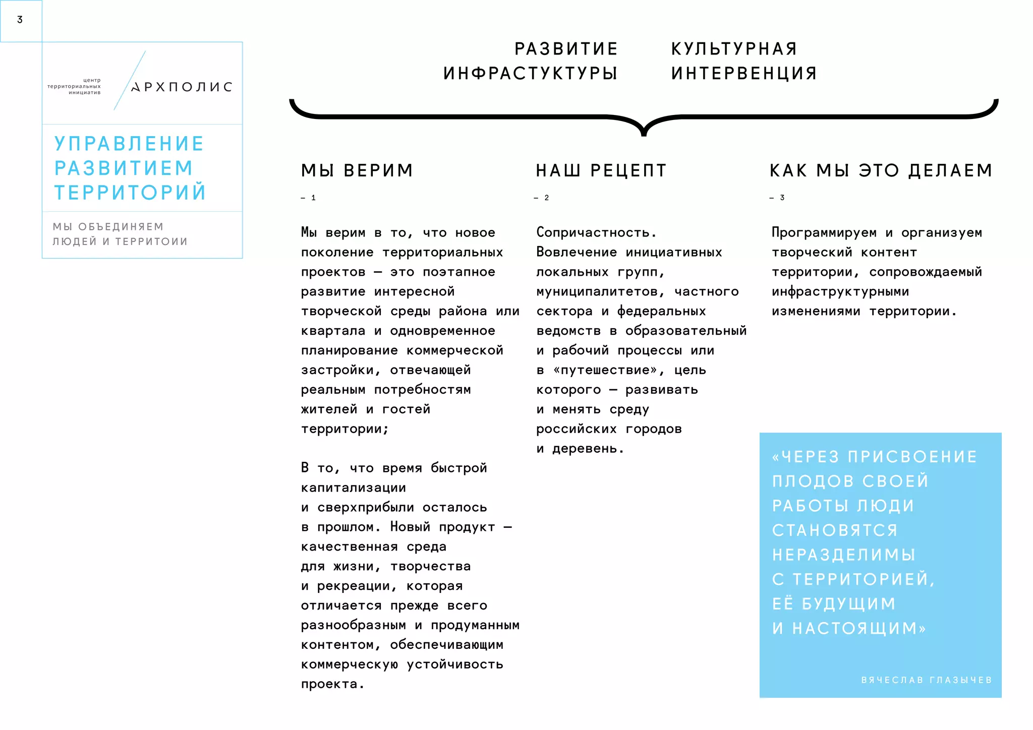 3 
М ы в е р и м 
РАЗВИТИЕ 
ИН Ф РА С Т У К Т У РЫ 
ку л ьт у р н а я 
и н т е р в е н ц и я 
Н а ш Р е ц е п т К а к м ы э то д е л а е м 
Мы верим в то, что новое 
поколение территориальных 
проектов — это поэтапное 
развитие интересной 
творческой среды района или 
квартала и одновременное 
планирование коммерческой 
застройки, отвечающей 
реальным потребностям 
жителей и гостей 
территории; 
В то, что время быстрой 
капитализации 
и сверхприбыли осталось 
в прошлом. Новый продукт — 
качественная среда 
для жизни, творчества 
и рекреации, которая 
отличается прежде всего 
разнообразным и продуманным 
контентом, обеспечивающим 
коммерческую устойчивость 
проекта. 
Сопричастность. 
Вовлечение инициативных 
локальных групп, 
муниципалитетов, частного 
сектора и федеральных 
ведомств в образовательный 
и рабочий процессы или 
в «путешествие», цель 
которого — развивать 
и менять среду 
российских городов 
и деревень. 
Программируем и организуем 
творческий контент 
территории, сопровождаемый 
инфраструктурными 
изменениями территории. 
« Ч е р е з п р и с в о е н и е 
п л о д о в с в о е й 
ра б от ы л ю д и 
с та н о в я тс я 
н е ра з д е л и м ы 
с т е р р и т о р и е й , 
е ё б уд у щ и м 
и н а с то я щ и м » 
В я ч е с л а в Г л а з ы ч е в 
— 1 — 2 — 3 
У п ра в л е н и е 
ра з в и т и е м 
т е р р и то р и й 
М ы о б ъ е д и н я е м 
л ю д е й и т е р р и т о и и 
 
