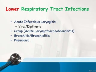 Lower Respiratory Tract Infections
• Acute Infectious Laryngitis
– Viral/Diptheria
• Croup (Acute Laryngotracheobronchitis)
• Bronchitis/Bronchiolitis
• Pneumonia
 