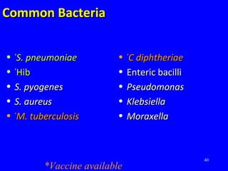40
Common BacteriaCommon Bacteria
• **
S. pneumoniaeS. pneumoniae
• **
HibHib
• S. pyogenesS. pyogenes
• S. aureusS. aureus
• **
M. tuberculosisM. tuberculosis
• **
C diphtheriaeC diphtheriae
• Enteric bacilliEnteric bacilli
• PseudomonasPseudomonas
• KlebsiellaKlebsiella
• MoraxellaMoraxella
*Vaccine available
 