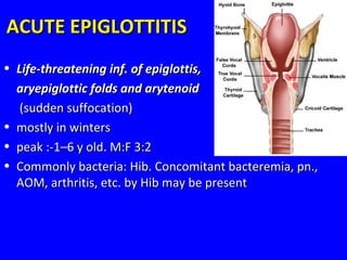 ACUTE EPIGLOTTITISACUTE EPIGLOTTITIS
• Life-threatening inf. of epiglottis,Life-threatening inf. of epiglottis,
aryepiglottic folds and arytenoidaryepiglottic folds and arytenoid
(sudden suffocation)(sudden suffocation)
• mostly in wintersmostly in winters
• peak :-1–6 y old. M:F 3:2peak :-1–6 y old. M:F 3:2
• Commonly bacteria: Hib. Concomitant bacteremia, pn.,Commonly bacteria: Hib. Concomitant bacteremia, pn.,
AOM, arthritis, etc. by Hib may be presentAOM, arthritis, etc. by Hib may be present
 