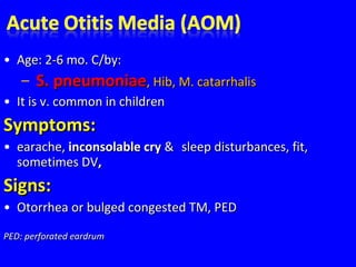 • Age: 2-6 mo. C/by:Age: 2-6 mo. C/by:
– S. pneumoniaeS. pneumoniae, Hib, M. catarrhalis, Hib, M. catarrhalis
• It is v. common in childrenIt is v. common in children
Symptoms:Symptoms:
• earache,earache, inconsolable cryinconsolable cry && sleep disturbances, fit,sleep disturbances, fit,
sometimes DVsometimes DV,,
Signs:Signs:
• Otorrhea or bulged congested TM, PEDOtorrhea or bulged congested TM, PED
PED: perforated eardrumPED: perforated eardrum
 