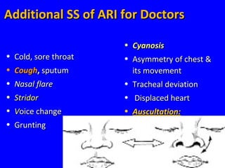 30
Additional SS of ARI for DoctorsAdditional SS of ARI for Doctors
• Cold, sore throatCold, sore throat
• CoughCough,, sputumsputum
• Nasal flareNasal flare
• StridorStridor
• VVoice changeoice change
• GruntingGrunting
• CyanosisCyanosis
• Asymmetry of chest &Asymmetry of chest &
its movementits movement
• Tracheal deviationTracheal deviation
• Displaced heartDisplaced heart
• Auscultation:Auscultation:
 