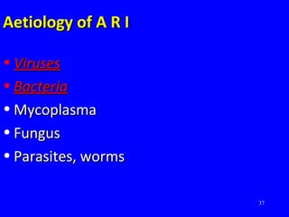 37
Aetiology of A R IAetiology of A R I
• VirusesViruses
• BacteriaBacteria
• MycoplasmaMycoplasma
• FungusFungus
• Parasites, wormsParasites, worms
 