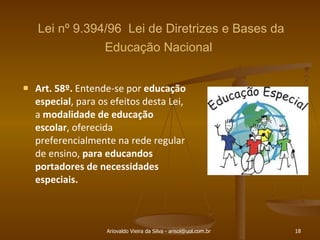 Lei nº 9.394/96  Lei de Diretrizes e Bases da Educação Nacional   Art. 58º.  Entende-se por  educação especial , para os efeitos desta Lei, a  modalidade de educação escolar , oferecida preferencialmente na rede regular de ensino,  para educandos portadores de necessidades especiais. Ariovaldo Vieira da Silva - arisol@uol.com.br 