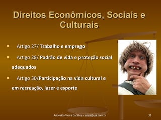 Direitos Econômicos, Sociais e Culturais Artigo 27/  Trabalho e emprego Artigo 28/  Padrão de vida e proteção social adequados Artigo 30/ Participação na vida cultural e em recreação, lazer e esporte Ariovaldo Vieira da Silva - arisol@uol.com.br 