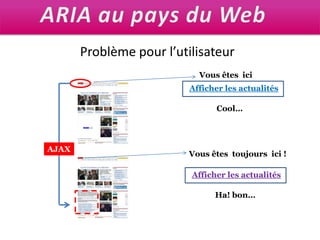 ARIA au pays du WebProblème pour l’utilisateurVous êtes  iciAfficher les actualitésCool…AJAXVous êtes  toujours  ici !Afficher les actualitésHa! bon…