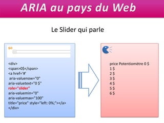 ARIA au pays du WebLe Slider qui parle<div><span>0$</span><a href=‘#’aria-valuenow="0" aria-valuetext="0 $" role="slider" aria-valuemin="0" aria-valuemax="100" title="price" style="left: 0%;"></a></div>price Potentiomètre 0 $1 $2 $3 $4 $5 $6 $