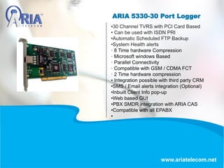 ARIA 5330-30 Port Logger
www.ariatelecom.net
•30 Channel TVRS with PCI Card Based
• Can be used with ISDN PRI
•Automatic Scheduled FTP Backup
•System Health alerts
· 8 Time hardware Compression
· Microsoft windows Based
· Parallel Connectivity
· Compatible with GSM / CDMA FCT
· 2 Time hardware compression
• Integration possible with third party CRM
•SMS / Email alerts integration (Optional)
•Inbuilt Client Info pop-up
•Web based GUI
•PBX SMDR integration with ARIA CAS
•Compatible with all EPABX
•
 