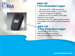 ARIA 100
1 Port Embedded Logger
www.ariatelecom.net
•· · No need of PC, USB connectivity
•· SD Card based memory up to 32 GB
•· · Inbuilt microphone & Speaker
•· Software for PC for Search call & play
•Superior Voice Quality
• Call detail with time ,date & phone number
•Compatible with all PBX & direct Telephone
lines
• All features of AR 100 plus
•Mail box to leave a message
•Can be used for Voice Recording
ARIA 120
1 Port Embedded Logger
 