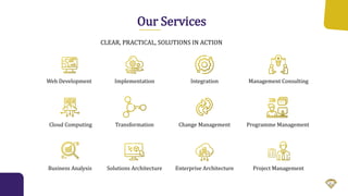 Our Services
Web Development
Cloud Computing
Business Analysis Solutions Architecture
Implementation
Transformation
Integration
Change Management
Enterprise Architecture
Management Consulting
Programme Management
Project Management
CLEAR, PRACTICAL, SOLUTIONS IN ACTION
 