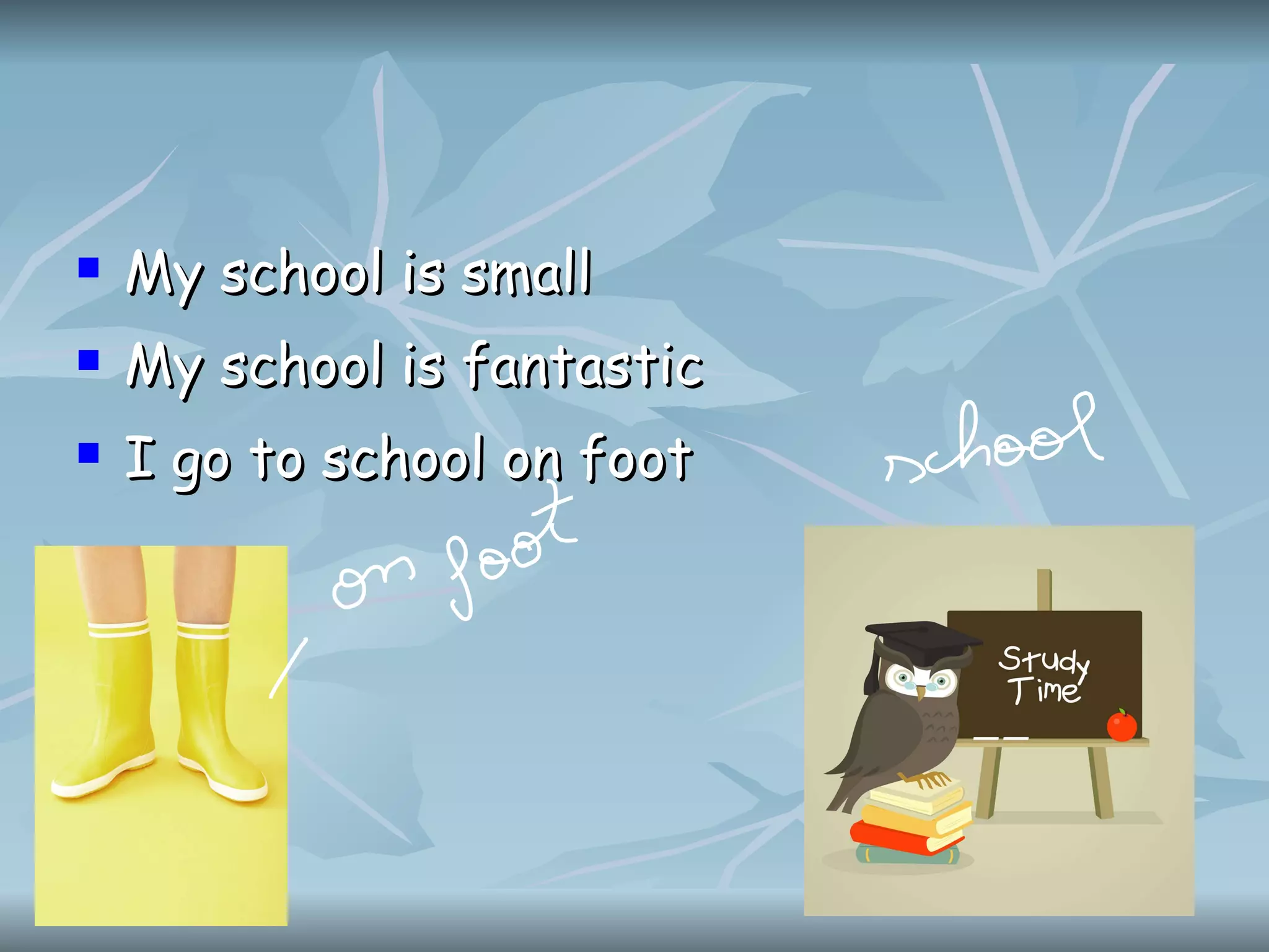 My school is small My school is fantastic I go to school on foot