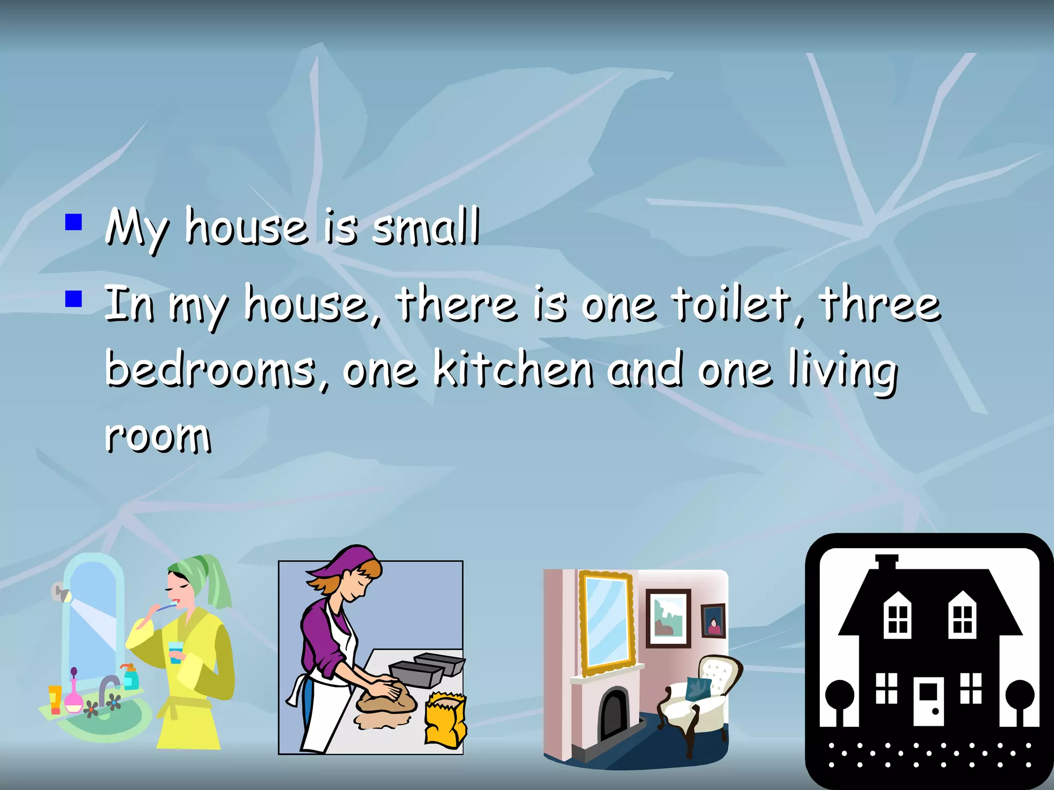 My house is small In my house, there is one toilet, three bedrooms, one kitchen and one living room