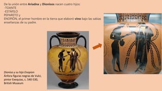 De la unión entre Ariadna y Dionisos nacen cuatro hijos:
-TOANTE
-ESTÁFILO
PEPARETO y
ENOPIÓN, el primer hombre en la tierra que elaboró vino bajo las sabias
enseñanzas de su padre.
Dioniso y su hijo Enopion
Ánfora figuras negras de Vulci,
pintor Exequias, c. 540-530,
British Museum
 