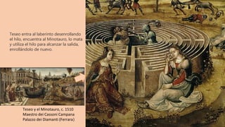 Teseo y el Minotauro, c. 1510
Maestro dei Cassoni Campana
Palazzo dei Diamanti (Ferrara)
Teseo entra al laberinto desenrollando
el hilo, encuentra al Minotauro, lo mata
y utiliza el hilo para alcanzar la salida,
enrollándolo de nuevo.
 