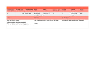 TIFF
COMPRESSIÓ
 RESOLUCIÓ
 DIMENSIONS
 PES
 MIDA
 CANALS ALFA
 CAPES
 COLOR
 MODE

no 240 4272 × 2848 97.701.740
bytes (97,7 MB)
45,21x 30,14
cm
no si Adobe RGB
(1998)
RGB
PROS CONTRAS
 ESPECIFICITATS

-Idoni per arxiu de qualitat 
-Recomanable per edicions inacabades 
-Apte per còpies màster i enviament a premsa 

-No apte per dispositius web i adjunts de correu

- pesa
-Guardat amb capes i sense utilizar canals alfa 

 