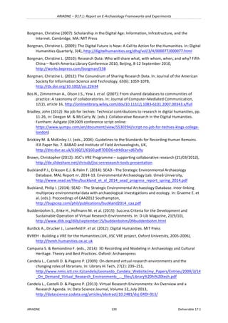 ARIADNE	–	D17.1:	Report	on	E-Archaeology	Frameworks	and	Experiments	
ARIADNE	 139	 Deliverable	17.1	
Borgman,	Christine	(2007):	Scholarship	in	the	Digital	Age:	Information,	Infrastructure,	and	the	
Internet.	Cambridge,	MA:	MIT	Press	
Borgman,	Christine	L.	(2009):	The	Digital	Future	is	Now:	A	Call	to	Action	for	the	Humanities.	In:	Digital	
Humanities	Quarterly,	3(4),	http://digitalhumanities.org/dhq/vol/3/4/000077/000077.html		
Borgman,	Christine	L.	(2010):	Research	Data:	Who	will	share	what,	with	whom,	when,	and	why?	Fifth	
China	–	North	America	Library	Conference	2010,	Beijing,	8-12	September	2010,	
http://works.bepress.com/borgman/238		
Borgman,	Christine	L.	(2012):	The	Conundrum	of	Sharing	Research	Data.	In:	Journal	of	the	American	
Society	for	Information	Science	and	Technology,	63(6):	1059-1078,	
http://dx.doi.org/10.1002/asi.22634		
Bos	N.,	Zimmerman	A.,	Olson	J.S.,	Yew	J.	et	al.	(2007):	From	shared	databases	to	communities	of	
practice:	A	taxonomy	of	collaboratories.	In:	Journal	of	Computer-Mediated	Communication,	
12(2),	article	16,	http://onlinelibrary.wiley.com/doi/10.1111/j.1083-6101.2007.00343.x/full		
Bradley,	John	(2012):	No	job	for	techies:	Technical	contributions	to	research	in	digital	humanities,	pp.	
11-26,	in:	Deegan	M.	&	McCarty	W.	(eds.):	Collaborative	Research	in	the	Digital	Humanities.	
Farnham:	Ashgate	(DH2009	conference	script	online:	
https://www.yumpu.com/en/document/view/5530294/script-no-job-for-techies-kings-college-
london)		
Brickley	M.	&	McKinley	J.I.	(eds.,	2004):	Guidelines	to	the	Standards	for	Recording	Human	Remains.	
IFA	Paper	No.	7.	BABAO	and	Institute	of	Field	Archaeologists,	UK,	
http://dro.dur.ac.uk/6160/1/6160.pdf?DDD6+drk0car+d67a9y		
Brown,	Christopher	(2012):	JISC’s	VRE	Programme	–	supporting	collaborative	research	(21/03/2012),	
http://de.slideshare.net/chriscb/jisc-vreresearch-tools-presentation		
Buckland	P.I.,	Eriksson	E.J.	&	Palm	F.	(2014):	SEAD	-	The	Strategic	Environmental	Archaeology	
Database.	MAL	Report	nr.	2014-13.	Environmental	Archaeology	Lab.	Umeå	University,	
http://www.sead.se/files/buckland_et_al_2014_sead_progress_report_spring_2014.pdf			
Buckland,	Philip	I.	(2014):	SEAD	-	The	Strategic	Environmental	Archaeology	Database.	Inter-linking	
multiproxy	environmental	data	with	archaeological	investigations	and	ecology.	In:	Graeme	E.	et	
al.	(eds.):	Proceedings	of	CAA2012	Southampton,	
http://bugscep.com/phil/publications/buckland2014_caa.pdf				
Buddenbohm	S.,	Enke	H.,	Hofmann	M.	et	al.	(2015):	Success	Criteria	for	the	Development	and	
Sustainable	Operation	of	Virtual	Research	Environments.	In:	D-Lib	Magazine,	21(9/10),	
http://www.dlib.org/dlib/september15/buddenbohm/09buddenbohm.html	
Burdick	A.,	Drucker	J.,	Lunenfeld	P.	et	al.	(2012):	Digital	Humanities.	MIT	Press	
BVREH	-	Building	a	VRE	for	the	Humanities	(UK,	JISC	VRE	project,	Oxford	University,	2005-2006),	
http://bvreh.humanities.ox.ac.uk	
Campana	S.	&	Remondino	F.	(eds.,	2014):	3D	Recording	and	Modeling	in	Archaeology	and	Cultural	
Heritage.	Theory	and	Best	Practices.	Oxford:	Archaeopress	
Candela	L.,	Castelli	D.	&	Pagano	P.	(2009):	On-demand	virtual	research	environments	and	the	
changing	roles	of	librarians.	In:	Library	Hi	Tech,	27(2):	239–251,	
http://www.nmis.isti.cnr.it/candela/Leonardo_Candela_Website/my_Papers/Entries/2009/3/14
_On_Demand_Virtual_Research_Environments_..._files/Library%20hi%20tech.pdf			
Candela	L.,	Castelli	D.	&	Pagano	P.	(2013):	Virtual	Research	Environments:	An	Overview	and	a	
Research	Agenda.	In:	Data	Science	Journal,	Volume	12,	July	2013,	
http://datascience.codata.org/articles/abstract/10.2481/dsj.GRDI-013/		
 