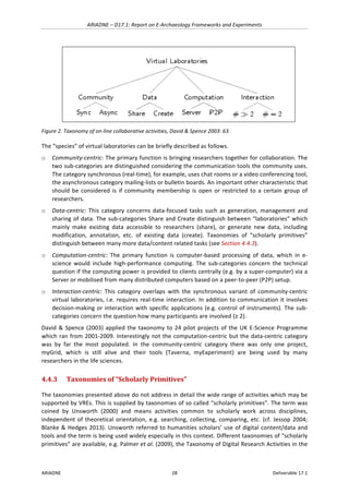 ARIADNE	–	D17.1:	Report	on	E-Archaeology	Frameworks	and	Experiments	
ARIADNE	 28	 Deliverable	17.1	
	
Figure	2.	Taxonomy	of	on-line	collaborative	activities,	David	&	Spence	2003:	63.	
The	“species”	of	virtual	laboratories	can	be	briefly	described	as	follows.	
o Community-centric:	The	primary	function	is	bringing	researchers	together	for	collaboration.	The	
two	sub-categories	are	distinguished	considering	the	communication	tools	the	community	uses.	
The	category	synchronous	(real-time),	for	example,	uses	chat	rooms	or	a	video	conferencing	tool,	
the	asynchronous	category	mailing-lists	or	bulletin	boards.	An	important	other	characteristic	that	
should	be	considered	is	if	community	membership	is	open	or	restricted	to	a	certain	group	of	
researchers.	
o Data-centric:	 This	 category	 concerns	 data-focused	 tasks	 such	 as	 generation,	 management	 and	
sharing	of	data.	The	sub-categories	Share	and	Create	distinguish	between	“laboratories”	which	
mainly	 make	 existing	 data	 accessible	 to	 researchers	 (share),	 or	 generate	 new	 data,	 including	
modification,	 annotation,	 etc.	 of	 existing	 data	 (create).	 Taxonomies	 of	 “scholarly	 primitives”	
distinguish	between	many	more	data/content	related	tasks	(see	Section	4.4.3).	
o Computation-centric:	 The	 primary	 function	 is	 computer-based	 processing	 of	 data,	 which	 in	 e-
science	 would	 include	 high-performance	 computing.	 The	 sub-categories	 concern	 the	 technical	
question	if	the	computing	power	is	provided	to	clients	centrally	(e.g.	by	a	super-computer)	via	a	
Server	or	mobilised	from	many	distributed	computers	based	on	a	peer-to-peer	(P2P)	setup.		
o Interaction-centric:	 This	 category	 overlaps	 with	 the	 synchronous	 variant	 of	 community-centric	
virtual	laboratories,	i.e.	requires	real-time	interaction.	In	addition	to	communication	it	involves	
decision-making	or	interaction	with	specific	applications	(e.g.	control	of	instruments).	The	sub-
categories	concern	the	question	how	many	participants	are	involved	(≥	2).	
David	&	Spence	(2003)	applied	the	taxonomy	to	24	pilot	projects	of	the	UK	E-Science	Programme	
which	ran	from	2001-2009.	Interestingly	not	the	computation-centric	but	the	data-centric	category	
was	 by	 far	 the	 most	 populated.	 In	 the	 community-centric	 category	 there	 was	 only	 one	 project,	
myGrid,	 which	 is	 still	 alive	 and	 their	 tools	 (Taverna,	 myExperiment)	 are	 being	 used	 by	 many	
researchers	in	the	life	sciences.		
4.4.3 Taxonomies	of	“Scholarly	Primitives”	
The	taxonomies	presented	above	do	not	address	in	detail	the	wide	range	of	activities	which	may	be	
supported	by	VREs.	This	is	supplied	by	taxonomies	of	so	called	“scholarly	primitives”.	The	term	was	
coined	 by	 Unsworth	 (2000)	 and	 means	 activities	 common	 to	 scholarly	 work	 across	 disciplines,	
independent	of	theoretical	orientation,	e.g.	searching,	collecting,	comparing,	etc.	(cf.	Jessop	2004;	
Blanke	&	Hedges	2013).	Unsworth	referred	to	humanities	scholars’	use	of	digital	content/data	and	
tools	and	the	term	is	being	used	widely	especially	in	this	context.	Different	taxonomies	of	“scholarly	
primitives”	are	available,	e.g.	Palmer	et	al.	(2009),	the	Taxonomy	of	Digital	Research	Activities	in	the	
 