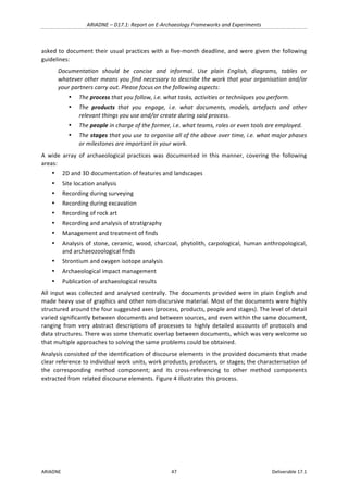 ARIADNE	–	D17.1:	Report	on	E-Archaeology	Frameworks	and	Experiments	
ARIADNE	 47	 Deliverable	17.1	
asked	to	document	their	usual	practices	with	a	five-month	deadline,	and	were	given	the	following	
guidelines:	
Documentation	 should	 be	 concise	 and	 informal.	 Use	 plain	 English,	 diagrams,	 tables	 or	
whatever	other	means	you	find	necessary	to	describe	the	work	that	your	organisation	and/or	
your	partners	carry	out.	Please	focus	on	the	following	aspects:	
• The	process	that	you	follow,	i.e.	what	tasks,	activities	or	techniques	you	perform.	
• The	 products	 that	 you	 engage,	 i.e.	 what	 documents,	 models,	 artefacts	 and	 other	
relevant	things	you	use	and/or	create	during	said	process.	
• The	people	in	charge	of	the	former,	i.e.	what	teams,	roles	or	even	tools	are	employed.	
• The	stages	that	you	use	to	organise	all	of	the	above	over	time,	i.e.	what	major	phases	
or	milestones	are	important	in	your	work.	
A	 wide	 array	 of	 archaeological	 practices	 was	 documented	 in	 this	 manner,	 covering	 the	 following	
areas:	
• 2D	and	3D	documentation	of	features	and	landscapes	
• Site	location	analysis	
• Recording	during	surveying	
• Recording	during	excavation	
• Recording	of	rock	art	
• Recording	and	analysis	of	stratigraphy	
• Management	and	treatment	of	finds	
• Analysis	of	stone,	ceramic,	wood,	charcoal,	phytolith,	carpological,	human	anthropological,	
and	archaeozoological	finds	
• Strontium	and	oxygen	isotope	analysis	
• Archaeological	impact	management	
• Publication	of	archaeological	results	
All	input	was	collected	and	analysed	centrally.	The	documents	provided	were	in	plain	English	and	
made	heavy	use	of	graphics	and	other	non-discursive	material.	Most	of	the	documents	were	highly	
structured	around	the	four	suggested	axes	(process,	products,	people	and	stages).	The	level	of	detail	
varied	significantly	between	documents	and	between	sources,	and	even	within	the	same	document,	
ranging	 from	 very	 abstract	 descriptions	 of	 processes	 to	 highly	 detailed	 accounts	 of	 protocols	 and	
data	structures.	There	was	some	thematic	overlap	between	documents,	which	was	very	welcome	so	
that	multiple	approaches	to	solving	the	same	problems	could	be	obtained.	
Analysis	consisted	of	the	identification	of	discourse	elements	in	the	provided	documents	that	made	
clear	reference	to	individual	work	units,	work	products,	producers,	or	stages;	the	characterisation	of	
the	 corresponding	 method	 component;	 and	 its	 cross-referencing	 to	 other	 method	 components	
extracted	from	related	discourse	elements.	Figure	4	illustrates	this	process.	
 