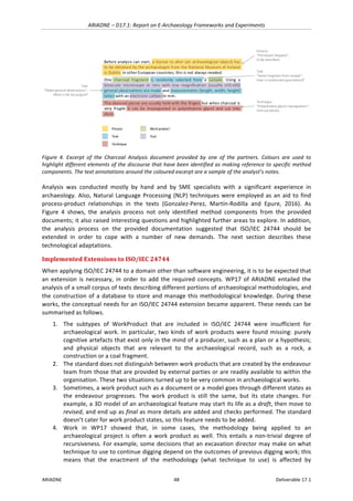 ARIADNE	–	D17.1:	Report	on	E-Archaeology	Frameworks	and	Experiments	
ARIADNE	 48	 Deliverable	17.1	
	
Figure	 4.	 Excerpt	 of	 the	 Charcoal	 Analysis	 document	 provided	 by	 one	 of	 the	 partners.	 Colours	 are	 used	 to	
highlight	different	elements	of	the	discourse	that	have	been	identified	as	making	reference	to	specific	method	
components.	The	text	annotations	around	the	coloured	excerpt	are	a	sample	of	the	analyst’s	notes.	
Analysis	 was	 conducted	 mostly	 by	 hand	 and	 by	 SME	 specialists	 with	 a	 significant	 experience	 in	
archaeology.	Also,	Natural	Language	Processing	(NLP)	techniques	were	employed	as	an	aid	to	find	
process-product	 relationships	 in	 the	 texts	 (Gonzalez-Perez,	 Martín-Rodilla	 and	 Epure,	 2016).	 As	
Figure	 4	 shows,	 the	 analysis	 process	 not	 only	 identified	 method	 components	 from	 the	 provided	
documents;	it	also	raised	interesting	questions	and	highlighted	further	areas	to	explore.	In	addition,	
the	 analysis	 process	 on	 the	 provided	 documentation	 suggested	 that	 ISO/IEC	 24744	 should	 be	
extended	 in	 order	 to	 cope	 with	 a	 number	 of	 new	 demands.	 The	 next	 section	 describes	 these	
technological	adaptations.	
Implemented	Extensions	to	ISO/IEC	24744	
When	applying	ISO/IEC	24744	to	a	domain	other	than	software	engineering,	it	is	to	be	expected	that	
an	 extension	 is	 necessary,	 in	 order	 to	 add	 the	 required	 concepts.	 WP17	 of	 ARIADNE	 entailed	 the	
analysis	of	a	small	corpus	of	texts	describing	different	portions	of	archaeological	methodologies,	and	
the	construction	of	a	database	to	store	and	manage	this	methodological	knowledge.	During	these	
works,	the	conceptual	needs	for	an	ISO/IEC	24744	extension	became	apparent.	These	needs	can	be	
summarised	as	follows.	
1. The	 subtypes	 of	 WorkProduct	 that	 are	 included	 in	 ISO/IEC	 24744	 were	 insufficient	 for	
archaeological	work.	In	particular,	two	kinds	of	work	products	were	found	missing:	purely	
cognitive	artefacts	that	exist	only	in	the	mind	of	a	producer,	such	as	a	plan	or	a	hypothesis;	
and	 physical	 objects	 that	 are	 relevant	 to	 the	 archaeological	 record,	 such	 as	 a	 rock,	 a	
construction	or	a	coal	fragment.	
2. The	standard	does	not	distinguish	between	work	products	that	are	created	by	the	endeavour	
team	from	those	that	are	provided	by	external	parties	or	are	readily	available	to	within	the	
organisation.	These	two	situations	turned	up	to	be	very	common	in	archaeological	works.	
3. Sometimes,	a	work	product	such	as	a	document	or	a	model	goes	through	different	states	as	
the	 endeavour	 progresses.	 The	 work	 product	 is	 still	 the	 same,	 but	 its	 state	 changes.	 For	
example,	a	3D	model	of	an	archaeological	feature	may	start	its	life	as	a	draft,	then	move	to	
revised,	and	end	up	as	final	as	more	details	are	added	and	checks	performed.	The	standard	
doesn’t	cater	for	work	product	states,	so	this	feature	needs	to	be	added.	
4. Work	 in	 WP17	 showed	 that,	 in	 some	 cases,	 the	 methodology	 being	 applied	 to	 an	
archaeological	 project	 is	 often	 a	 work	 product	 as	 well.	 This	 entails	 a	 non-trivial	 degree	 of	
recursiveness.	For	example,	some	decisions	that	an	excavation	director	may	make	on	what	
technique	to	use	to	continue	digging	depend	on	the	outcomes	of	previous	digging	work;	this	
means	 that	 the	 enactment	 of	 the	 methodology	 (what	 technique	 to	 use)	 is	 affected	 by	
Before	analysis	can	start,	a	 license	to	alter	(an	 archaeological	object)	has	
to	be	obtained	by	the	archaeologist	from	the	National	Museum	of	Ireland	
in	Dublin.	In	other	European	countries,	this	is	not	always	needed.
One	 charcoal	 fragment	 is	 randomly	 selected	 from	 a	 sample.	 Using	 a	
binocular	 microscope	 or	 lens	 with	 low	 magnification	 (usually	 x10-x90)	
general	observations	are	made	and	measurements	(length,	width,	height)	
taken	with	an	electronic	calliper	in	mm.	
The	charcoal	pieces	are	usually	held	with	the	fingers	but	when	charcoal	is	
very	 fragile	 it	 can	 be	 impregnated	 in	 polyethylene	 glycol	 and	 cut	 into	
slices.
Process
Task
Technique
Work	product
Tool
Process
“Permission	Request”,
to	be	described.
Task
“Select	fragment	from	sample”;
How	is	randomness	guaranteed?
Task
“Make	general	observations”;
What	is	the	focus/goal?
Technique
“Polyethylene	glycol	impregnation”;
Find	out	details.
 