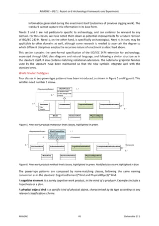 ARIADNE	–	D17.1:	Report	on	E-Archaeology	Frameworks	and	Experiments	
ARIADNE	 49	 Deliverable	17.1	
information	generated	during	the	enactment	itself	(outcomes	of	previous	digging	work).	The	
standard	cannot	capture	this	information	in	its	base	form.	
Needs	 2	 and	 3	 are	 not	 particularly	 specific	 to	 archaeology,	 and	 can	 certainly	 be	 relevant	 to	 any	
domain.	For	this	reason,	we	have	noted	them	down	as	potential	improvements	for	a	future	revision	
of	ISO/IEC	24744.	Need	1,	on	the	other	hand,	is	specifically	archaeological.	Need	4,	in	turn,	may	be	
applicable	to	other	domains	as	well,	although	some	research	is	needed	to	ascertain	the	degree	to	
which	different	disciplines	employ	the	recursive	nature	of	enactment	as	described	above.	
This	section	contains	the	semi-formal	specification	of	the	ISO/IEC	2474	extension	for	archaeology,	
expressed	through	UML	class	diagrams	and	natural	language,	and	following	a	similar	structure	as	in	
the	standard	itself.	It	also	contains	matching	notational	extensions.	The	notational	graphical	families	
used	 by	 the	 standard	 have	 been	 maintained	 so	 that	 the	 new	 symbols	 integrate	 well	 with	 the	
standard	ones.	
Work	Product	Subtypes	
Four	classes	in	two	powertype	patterns	have	been	introduced,	as	shown	in	Figure	5	and	Figure	6.	This	
satisfies	need	number	1	above.	
	
Figure	5.	New	work	product	endeavour-level	classes,	highlighted	in	green.	
	
Figure	6.	New	work	product	method-level	classes,	highlighted	in	green.	Modified	classes	are	highlighted	in	blue.	
The	 powertype	 patterns	 are	 composed	 by	 name-matching	 classes,	 following	 the	 same	 naming	
convention	as	in	the	standard:	CognitiveElement/*Kind	and	PhysicalObject/*Kind.	
A	cognitive	element	is	a	purely	cognitive	work	product,	in	the	mind	of	a	producer.	Examples	include	a	
hypothesis	or	a	plan.	
A	physical	object	kind	is	a	specific	kind	of	physical	object,	characterised	by	its	type	according	to	any	
relevant	classification	scheme.	
	 	
+CreationTime
+LastChangeTime
+Status
WorkProduct
+Title
+Version
Document0..*
+RepresentedSubject
0..*
Model
SoftwareItem
HardwareItem
CompositeWorkProduct
0..*
1..*
CognitiveElement
PhysicalObject
+Description
+IsExternallyAvailable
+IsInternallyAvailable
WorkProductKind
DocumentKind
0..*
+RepresentedSubject
0..*
ModelKind
SoftwareItemKind
HardwareItemKind
CompositeWorkProductKind
+Composite
0..*
+Component
1..*
CognitiveElementKind
PhysicalObjectKind
 