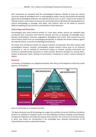 ARIADNE	–	D17.1:	Report	on	E-Archaeology	Frameworks	and	Experiments	
ARIADNE	 70	 Deliverable	17.1	
their	 conclusions	 are	 compared	 with	 the	 archaeological	 evidences.	 Models	 of	 social	 and	 cultural	
structures,	based	on	sociological	and	/	or	anthropological	studies,	may	be	constructed	and	evaluated	
against	the	archaeological	evidences;	the	opposite	process	occurs	as	well	–	based	on	the	analysis	of	
material	remains,	socio-cultural	structures	are	constructed	and	corroborated	with	existing	theories	in	
cultural	 anthropology	 or	 sociology.	 Here	 again,	 such	 research	 relies	 on	 the	 ability	 to	 construct	
effective	modelling	of	such	structures	and	simulation	of	their	behaviour.		
Archaeology	and	Humanities		
Archaeologists	 who	 study	 historical	 periods	 (i.e.	 from	 when	 written	 sources	 are	 available)	 often	
corroborate	 their	 conclusions	 with	 historical	 research	 and	 thus	 an	 exchange	 of	 knowledge	 occurs	
between	archaeologists,	historians,	epigraphists,	philologists	and	so	forth.	Such	research	may	also	
look	at	historic	events	from	an	archaeological	perspective,	or	evaluate	the	written	evidence	against	
the	material	remains,	as	found	in	archaeological	excavations.		
Art	 history	 and	 architectural	 history	 are	 popular	 branches	 of	 humanities	 that	 often	 interact	 with	
archaeological	 research.	 Similarly,	 archaeologists	 analyse	 material	 culture	 from	 an	 art	 historical	
perspective,	 or	 rely	 on	 methods	 of	 architectural	 history	 to	 interpret	 standing	 monuments	 and	
structures	unearthed	during	excavations	or	urban	contexts.	Recurrent	concepts	are,	among	others,	
analysis	of	decorative	styles,	methods	of	construction	/	production	or	social	/	cultural	meaning	of	
objects.					
Summary	
In	summary,	archaeology	as	an	integrative	discipline,	that	relies	on	and	integrates	results	from	a	wide	
spectrum	of	disciplines.	
	
Figure	23.	Archaeology	as	an	integrative	discipline.	
The	figure	illustrates	how	3D	Archaeology	can	support	the	synthesis	of	results	of	different	disciplines	
based	on	its	capability	to	integrate	results	in	the	3D	modelling	of	artefacts,	buildings	and	landscapes,	
simulate	the	integration	and	enable	the	analysis	of	the	outcome.	This	is	of	course	an	iterative	process	
in	 which	 new	 results	 are	 incorporated	 in	 the	 knowledge	 base,	 allowing	 improvements	 of	 3D	
representations	as	well	as	substantial	revisions.		
 