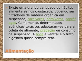 Alimentação
 Existe uma grande variedade de hábitos
alimentares nos crustáceos, podendo ser
filtradores de matéria orgânica em
suspensão, carnívoros, herbívoros, sapróf
agos. Comumente, determinados
apêndices torácicos adaptaram-se para a
coleta de alimento, predação ou consumo
de suspensão. A boca é ventral e o trato
digestivo quase sempre reto.
 