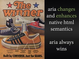 aria changes
and enhances
 native html
  semantics

 aria always
    wins
 