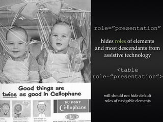 role=”presentation”

  hides roles of elements
and most descendants from
   assistive technology

       <table
role=”presentation”>


   will should not hide default
   roles of navigable elements
 