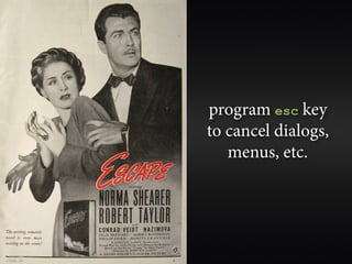program esc key
to cancel dialogs,
   menus, etc.
 