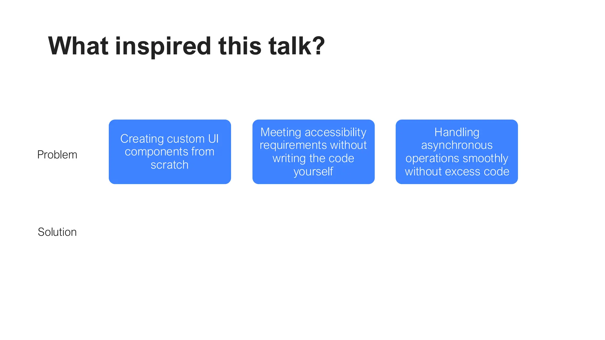 What inspired this talk? Creating custom UI components from scratch Meeting accessibility requirements without writing the code yourself Ariakit Handling asynchronous operations smoothly without excess code React 19 Problem Solution 