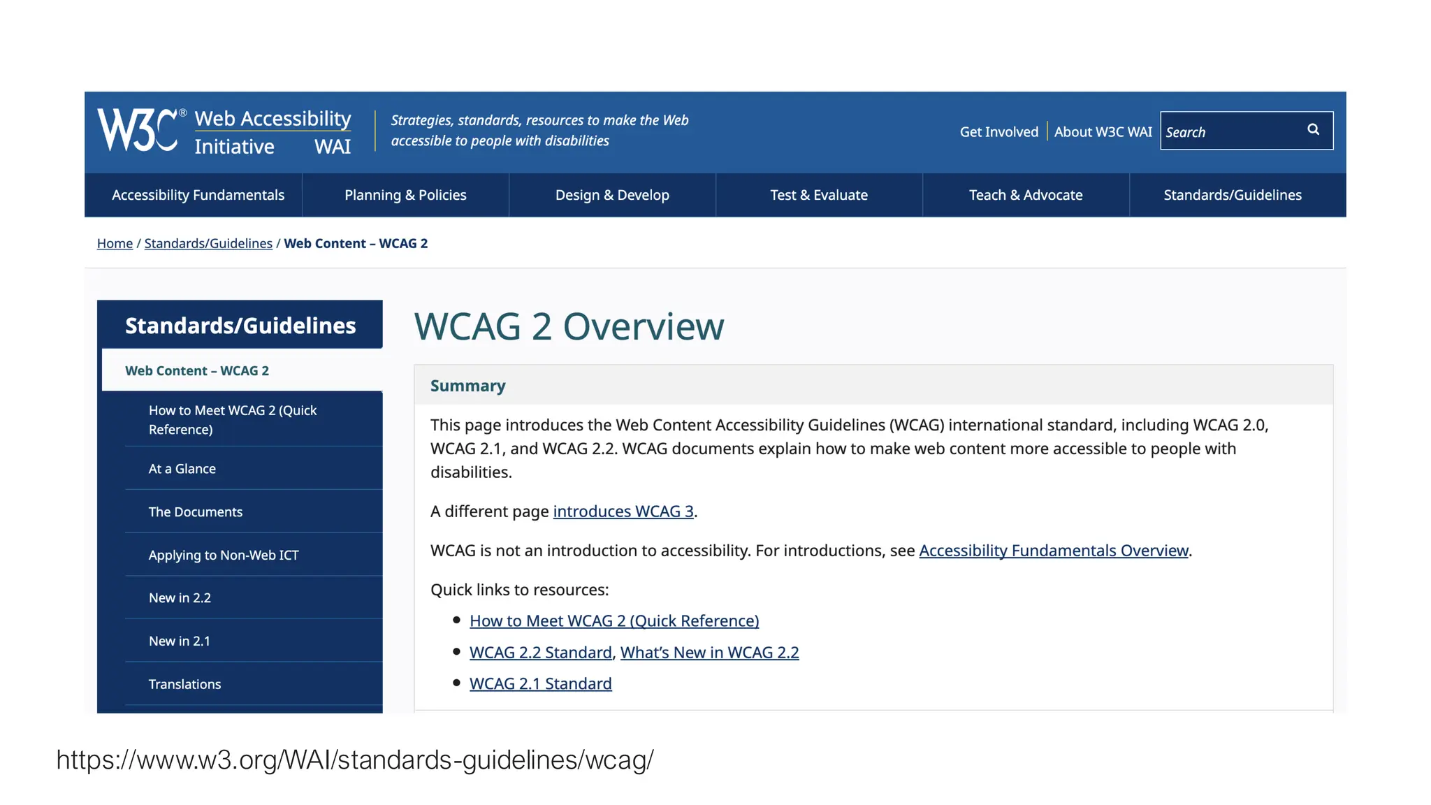 https://www.w3.org/WAI/standards-guidelines/wcag/ 