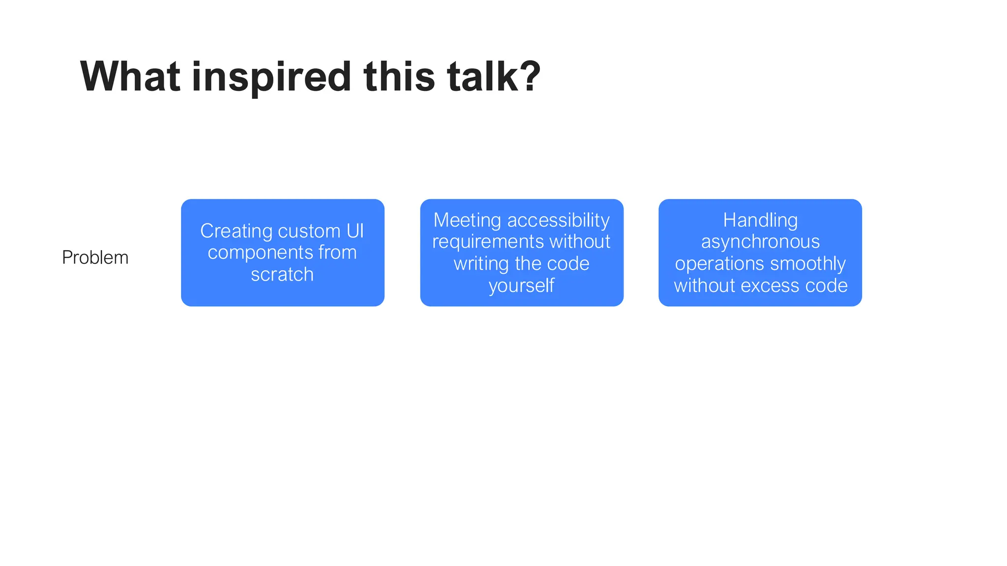 What inspired this talk? Problem Creating custom UI components from scratch Meeting accessibility requirements without writing the code yourself Ariakit Handling asynchronous operations smoothly without excess code React 19 
