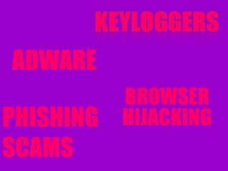 ADWARE
           BROWSER
PHISHING   HIJACKING
SCAMS
 