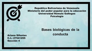 Republica Bolivariana de Venezuela
Ministerio del poder popular para la educación
Universidad Rómulo Gallegos
Psicología
Bases biológicas de la
conductaAriana Sifontes
C.I.: 27541255
Sección 4
 