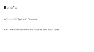Benefits
AGI -> control generic Features
ARI -> enables features and isolates from each other
 