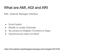 What are AMI, AGI and ARI
AMI - Asterisk Manager Interface
● Event based
● Modify or create Channels
● No access to Dialplan Functions or Apps
● Asynchronous does not block
https://wiki.asterisk.org/wiki/pages/viewpage.action?pageId=4817239
 