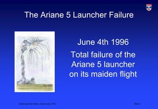 The Ariane 5 Launcher Failure


                                              June 4th 1996
                                            Total failure of the
                                            Ariane 5 launcher
                                            on its maiden flight


Ariane launcher failure, Case study, 2013                      Slide 1
 