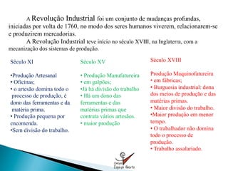 A Revolução      Industrial foi um conjunto de mudanças profundas,
iniciadas por volta de 1760, no modo dos seres humanos viverem, relacionarem-se
e produzirem mercadorias.
       A Revolução Industrial teve início no século XVIII, na Inglaterra, com a
mecanização dos sistemas de produção.

Século XI                    Século XV                     Século XVIII

• Produção Artesanal         •  Produção Manufatureira     Produção Maquinofatureira
•  Oficinas;                 •  em galpões;                •  em fábricas;
•  o artesão domina todo o   • Já há divisão do trabalho   •  Burguesia industrial: dona
 processo de produção, é     •  Há um dono das             dos meios de produção e das
dono das ferramentas e da    ferramentas e das             matérias primas.
 matéria prima.              matérias primas que           •  Maior divisão do trabalho.
•  Produção pequena por      contrata vários artesãos.     • Maior produção em menor
encomenda.                   •  maior produção             tempo.
• Sem divisão do trabalho.                                 •  O trabalhador não domina
                                                           todo o processo de
                                                           produção.
                                                           •  Trabalho assalariado.
 