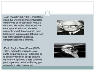 •Jean Piaget (1896-1980).- Psicólogo
suizo. Es uno de los más entusiastas
defensores de la educación nueva y
de la escuela activa. Para él, educar
es adaptar el individuo al medio
ambiente social. La educación debe
basarse en la psicología del niño y en
sus manifestaciones activas,
características de la infancia.
•Paulo Reglus Neves Freire (1921-
1997). Educador brasileño, cuyo
punto de partida de su Pedagogía es
la acción y reflexión desde el punto
de vista del oprimido y este punto de
partida permite definir su Pedagogía
orientada a la humanización.
 