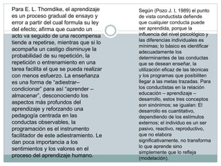 Para E. L. Thorndike, el aprendizaje
es un proceso gradual de ensayo y
error a partir del cual formula su ley
del efecto; afirma que cuando un
acto va seguido de una recompensa
tiende a repetirse, mientras que si lo
acompaña un castigo disminuye la
probabilidad de su repetición, la
repetición o entrenamiento en una
tarea facilita el que se pueda realizar
con menos esfuerzo. La enseñanza
es una forma de “adiestrar–
condicionar” para así “aprender –
almacenar”, desconociendo los
aspectos más profundos del
aprendizaje y reforzando una
pedagogía centrada en las
conductas observables, la
programación es el instrumento
facilitador de este adiestramiento. Le
dan poca importancia a los
sentimientos y los valores en el
proceso del aprendizaje humano.
Según (Pozo J. I, 1989) el punto
de vista conductista defiende
que cualquier conducta puede
ser aprendida, porque la
influencia del nivel psicológico y
las diferencias individuales es
mínimas; lo básico es identificar
adecuadamente los
determinantes de las conductas
que se desean enseñar, la
utilización eficaz de las técnicas
y los programas que posibiliten
llegar a las metas trazadas. Para
los conductistas en la relación
educación – aprendizaje –
desarrollo, estos tres conceptos
son sinónimos; se igualan: El
desarrollo es cuantitativo,
dependiendo de los estímulos
externos; el individuo es un ser
pasivo, reactivo, reproductivo,
que no elabora
significativamente, no transforma
lo que aprende sino
simplemente que lo refleja
(modelación).
 