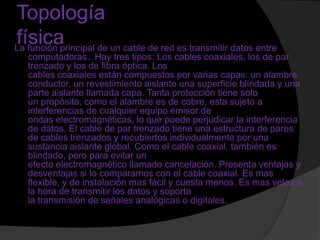Topología
física
La función principal de un cable de red es transmitir datos entre
   computadoras.. Hay tres tipos: Los cables coaxiales, los de par
   trenzado y los de fibra óptica. Los
   cables coaxiales están compuestos por varias capas: un alambre
   conductor, un revestimiento aislante una superficie blindada y una
   parte aislante llamada capa. Tanta protección tiene solo
   un propósito, como el alambre es de cobre, esta sujeto a
   interferencias de cualquier equipo emisor de
   ondas electromagnéticas, lo que puede perjudicar la interferencia
   de datos. El cable de par trenzado tiene una estructura de pares
   de cables trenzados y recubiertos individualmente por una
   sustancia aislante global. Como el cable coaxial, también es
   blindado, pero para evitar un
   efecto electromagnético llamado cancelación. Presenta ventajas y
   desventajas si lo comparamos con el cable coaxial. Es mas
   flexible, y de instalación mas fácil y cuesta menos. Es mas veloz a
   la hora de transmitir los datos y soporta
   la transmisión de señales analógicas o digitales.
 