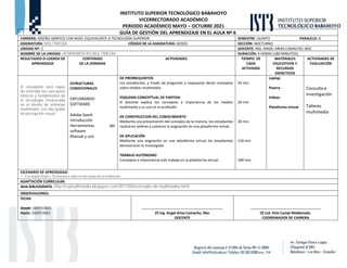 INSTITUTO SUPERIOR TECNOLÓGICO BABAHOYO
VICERRECTORADO ACADÉMICO
PERIODO ACADÉMICO MAYO – OCTUBRE 2021
GUÍA DE GESTIÓN DEL APRENDIZAJE EN EL AULA Nº 6
CARRERA: DISEÑO GRÁFICO CON NIVEL EQUIVALENTE A TECNOLOGÍA SUPERIOR. SEMESTRE: QUINTO PARALELO: B
ASIGNATURA: MULTIMEDIA CÓDIGO DE LA ASIGNATURA: GD503 SECCIÓN: NOCTURNO
UNIDAD Nº: 2 DOCENTE: ING. ANGEL ARIAS CAMACHO, MSC
NOMBRE DE LA UNIDAD: HERRAMIENTAS MULTIMEDIA DURACIÓN: 4 HORAS (180 MINUTOS)
RESULTADOS O LOGROS DE
APRENDIZAJE
CONTENIDO
DE LA JORNADA
ACTIVIDADES TIEMPO DE
CADA
ACTIVIDAD
MATERIALES
EDUCATIVOS Y
RECURSOS
DIDÁCTICOS
ACTIVIDADES DE
EVALUACIÓN
El estudiante será capaz
de entender los conceptos
básicos y fundamentos de
la tecnología involucrada
en el diseño de sistemas
multimedia, con alto grado
de percepción visual.
ESTRUCTURAS
CONDICIONALES
EXPLORANDO
SOFTWARE
Adobe Spark
Introducción
Herramientas del
software
Manual y uso
DE PRERREQUISITOS
Los estudiantes, a través de preguntas y respuestas darán conceptos
sobre medios multimedia.
ESQUEMA CONCEPTUAL DE PARTIDA
El docente explica los conceptos e importancia de los medios
multimedia y su uso en la profesión.
DE CONSTRUCCION DEL CONOCIMIENTO
Mediante una presentación del concepto de la materia, los estudiantes
realizaron talleres y subieron la asignación en una plataforma virtual.
DE APLICACIÓN
Mediante una asignación en una plataforma virtual los estudiantes
demostraran lo investigado.
TRABAJO AUTÓNOMO
Conceptos e importancia más trabajo en la plataforma virtual.
20 min
20 min
20 min
120 min
180 min.
Laptop
Pizarra
Videos
Plataforma virtual
Consulta e
investigación
Talleres
multimedia
ESCENARIO DE APRENDIZAJE:
1.- Escenario Áulico: Se llevara a cabo en las aulas de la institución.
ADAPTACIÓN CURRICULAR:
Web BIBLIOGRAFÍA: http://csjmultimedia.blogspot.com/2011/05/concepto-de-multimedia.html
OBSERVACIONES:
FECHA
Desde: 19/07/2021
Hasta: 23/07/2021
……………………………………………………………………………
(f) Ing. Angel Arias Camacho, Msc
DOCENTE
…………………..…………………………………………….
(f) Lcd. Elvis Campi Maldonado.
COORDINADOR DE CARRERA
 