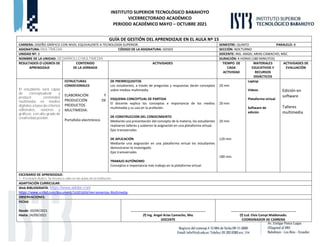 INSTITUTO SUPERIOR TECNOLÓGICO BABAHOYO
VICERRECTORADO ACADÉMICO
PERIODO ACADÉMICO MAYO – OCTUBRE 2021
GUÍA DE GESTIÓN DEL APRENDIZAJE EN EL AULA Nº 15
CARRERA: DISEÑO GRÁFICO CON NIVEL EQUIVALENTE A TECNOLOGÍA SUPERIOR. SEMESTRE: QUINTO PARALELO: B
ASIGNATURA: MULTIMEDIA CÓDIGO DE LA ASIGNATURA: GD503 SECCIÓN: NOCTURNO
UNIDAD Nº: 3 DOCENTE: ING. ANGEL ARIAS CAMACHO, MSC
NOMBRE DE LA UNIDAD: DESARROLLO MULTIMEDIA DURACIÓN: 4 HORAS (180 MINUTOS)
RESULTADOS O LOGROS DE
APRENDIZAJE
CONTENIDO
DE LA JORNADA
ACTIVIDADES TIEMPO DE
CADA
ACTIVIDAD
MATERIALES
EDUCATIVOS Y
RECURSOS
DIDÁCTICOS
ACTIVIDADES DE
EVALUACIÓN
El estudiante será capaz
de conceptualizar y
producir contenidos
multimedia en medios
digitales a base de criterios
editoriales, sonoros y
gráficos, con alto grado de
creatividad posible.
ESTRUCTURAS
CONDICIONALES
ELABORACIÓN Y
PRODUCCIÓN DE
PRODUCTOS
MULTIMEDIA:
Portafolio electrónico
DE PRERREQUISITOS
Los estudiantes, a través de preguntas y respuestas darán conceptos
sobre medios multimedia.
ESQUEMA CONCEPTUAL DE PARTIDA
El docente explica los conceptos e importancia de los medios
multimedia y su uso en la profesión.
DE CONSTRUCCION DEL CONOCIMIENTO
Mediante una presentación del concepto de la materia, los estudiantes
realizaron talleres y subieron la asignación en una plataforma virtual.
Ejes transversales
DE APLICACIÓN
Mediante una asignación en una plataforma virtual los estudiantes
demostraran lo investigado.
Ejes transversales
TRABAJO AUTÓNOMO
Conceptos e importancia más trabajo en la plataforma virtual.
20 min
20 min
20 min
120 min
180 min.
Laptop
Videos
Plataforma virtual
Software de
edición
Edición en
software
Talleres
multimedia
ESCENARIO DE APRENDIZAJE:
1.- Escenario Áulico: Se llevara a cabo en las aulas de la institución.
ADAPTACIÓN CURRICULAR:
Web BIBLIOGRAFÍA: https://www.adobe.com
https://www.scribd.com/document/16301604/Herramientas-Multimedia
OBSERVACIONES:
FECHA
Desde: 20/09/2021
Hasta: 24/09/2021
……………………………………………………………………………
(f) Ing. Angel Arias Camacho, Msc
DOCENTE
…………………..…………………………………………….
(f) Lcd. Elvis Campi Maldonado.
COORDINADOR DE CARRERA
 