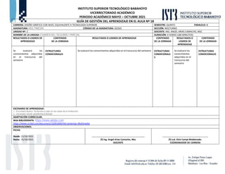 INSTITUTO SUPERIOR TECNOLÓGICO BABAHOYO
VICERRECTORADO ACADÉMICO
PERIODO ACADÉMICO MAYO – OCTUBRE 2021
GUÍA DE GESTIÓN DEL APRENDIZAJE EN EL AULA Nº 18
CARRERA: DISEÑO GRÁFICO CON NIVEL EQUIVALENTE A TECNOLOGÍA SUPERIOR. SEMESTRE: QUINTO PARALELO: B
ASIGNATURA: MULTIMEDIA CÓDIGO DE LA ASIGNATURA: GD503 SECCIÓN: NOCTURNO
UNIDAD Nº: 2 DOCENTE: ING. ANGEL ARIAS CAMACHO, MSC
NOMBRE DE LA UNIDAD: EXAMEN DEL SEGUNDO PARCIAL DURACIÓN: 4 HORAS (180 MINUTOS)
RESULTADOS O LOGROS DE
APRENDIZAJE
CONTENIDO
DE LA JORNADA
RESULTADOS O LOGROS DE APRENDIZAJE CONTENIDO
DE LA JORNADA
RESULTADOS O
LOGROS DE
APRENDIZAJE
CONTENIDO
DE LA JORNADA
Se evaluará los
conocimientos adquiridos
en el transcurso del
semestre
ESTRUCTURAS
CONDICIONALES
Se evaluará los conocimientos adquiridos en el transcurso del semestre ESTRUCTURAS
CONDICIONALE
S
Se evaluará los
conocimientos
adquiridos en el
transcurso del
semestre
ESTRUCTURAS
CONDICIONALES
ESCENARIO DE APRENDIZAJE:
1.- Escenario Áulico: Se llevara a cabo en las aulas de la institución.
2.- escenario virtual: plataforma Edmodo
ADAPTACIÓN CURRICULAR:
Web BIBLIOGRAFÍA: https://www.adobe.com
https://www.scribd.com/document/16301604/Herramientas-Multimedia
OBSERVACIONES:
FECHA
Desde: 11/10/2021
Hasta: 15/10/2021
……………………………………………………………………………
(f) Ing. Angel Arias Camacho, Msc
DOCENTE
…………………..…………………………………………….
(f) Lcd. Elvis Campi Maldonado.
COORDINADOR DE CARRERA
 