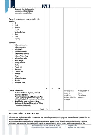 • Según el tipo de lenguaje:
Lenguajes interpretados:
Lenguajes compilados:
Tipos de lenguajes de programación más
usados
• C
• PHP
• Python
• JAVA
• Action Scripts
• Html
• Css
• Jquery
Software
• Adobe animation
• Adobe carácter
• Adobe XD
• Adobe premiere
• Adobe After effects
• Adobe Photoshop
• Adobe ilustrador
• Sony Vega
• Synfig Studio
• Moho
• Pencil 2d
• Harmony
• Cinema 4d
• Blender
• Maya
• 3d estudio Max
• Houdini
• Software libre
Casos de estudio:
• Multimedia Case Stydies, Harvard
Business School:
• Preserving Interactive Multimedia Art:
A Case Study in Preservation Planning:
• New Media, New Problems, New
Methods. A Study of Interactive Video
Production in Industry
7 3 10
Investigación
sobre la
temática.
Presentación de
trabajos.
Participación en
clases
Consulta de
trabajos
Total: 28 12 40
METODOLOGÍAS DE APRENDIZAJE:
Introducción explicativa de los contenidos por parte del profesor con apoyo de material visual que servirá de
presentación y motivación.
Actividades de afianzamiento de contenidos mediante la realización de ejercicios de descripción, análisis,
utilizando herramientas de diseño gráfico y técnicas multimedia (texto, video, audio) bajo premisas de
 