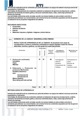 Introducción explicativa de los contenidos por parte del profesor con apoyo de material visual que servirá de
presentación y motivación.
Actividades de afianzamiento de contenidos mediante la realización de ejercicios de descripción, análisis,
utilizando herramientas de diseño gráfico y técnicas multimedia (texto, video, audio) bajo premisas de
eficacia de mensaje.
Las actividades autónomas serán enviadas acordé a los temas tratados en esta unidad y servirán al
estudiante para afianzar sus conocimientos, de la misma forma los contenidos expuestos servirán de guía en
la realización de los proyectos integradores de saberes.
RECURSOS DIDÁCTICOS:
• Computador
• Software de Edición
• Internet
• Materiales impresos y digitales: imágenes y textos básicos
U.3. NOMBRE DE LA UNIDAD: DESARROLLO MULTIMEDIA
RESULTADO DE APRENDIZAJE DE LA UNIDAD: El estudiante será capaz de
conceptualizar y producir contenidos multimedia en medios digitales a base de criterios
editoriales, sonoros y gráficos, con alto grado de creatividad posible.
Contenidos
Horas Clase
Horas de
Trabajo
Autónomo
Actividades de
Trabajo Autónomo
Mecanismos de
Evaluación
Teóricas
Prácticas
1. Producción multimedia:
Conceptos,
Fases
Métodos
2. Elaboración y Producción de
productos Multimedia:
Portafolio electrónico
Intro
Animaciones 2d
Animaciones 3d
Motion Graphics
Story telling with look and feel
10 10 20 Investigación
sobre la
temática.
Presentación de
trabajos.
Participación en
clases
Revisión de
trabajos
impresos y web
Total: 10 20 30
METODOLOGÍAS DE APRENDIZAJE:
Introducción explicativa de los contenidos por parte del profesor con apoyo de material visual que servirá de
presentación y motivación.
Actividades de afianzamiento de contenidos mediante la realización de ejercicios de descripción, análisis,
utilizando herramientas de diseño gráfico y técnicas multimedia (texto, video, audio) bajo premisas de
eficacia de mensaje.
Las actividades autónomas serán enviadas acordé a los temas tratados en esta unidad y servirán al
estudiante para afianzar sus conocimientos, de la misma forma los contenidos expuestos servirán de guía en
la realización de los proyectos integradores de saberes.
 