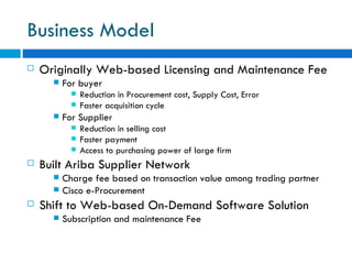 Business Model Originally Web-based Licensing and Maintenance Fee For buyer Reduction in Procurement cost, Supply Cost, Error Faster acquisition cycle For Supplier Reduction in selling cost Faster payment Access to purchasing power of large firm Built Ariba Supplier Network Charge fee based on transaction value among trading partner Cisco e-Procurement  Shift to Web-based On-Demand Software Solution Subscription and maintenance Fee 