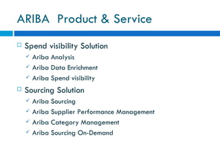 ARIBA  Product & Service Spend visibility Solution  Ariba Analysis Ariba Data Enrichment Ariba Spend visibility  Sourcing Solution  Ariba Sourcing Ariba Supplier Performance Management  Ariba Category Management Ariba Sourcing On-Demand 