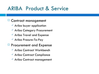 ARIBA  Product & Service Contract management  Ariba buyer application Ariba Category Procurement  Ariba Travel and Expense  Ariba Procure-To-Pay Procurement and Expense  Ariba Contract Workbench Ariba Contract Compliance  Ariba Contract management 