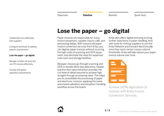 5 / 9 © 2014 SAP SE or an SAP affiliate company. All rights reserved.
Lose the paper – go digital
Paper invoices are responsible for many
invoice exceptions, supplier inquiry calls, and
processing delays. With outsourced paper
invoice conversion services from Ariba, you
can digitize paper invoices without incurring
the high costs of scanning and OCR equip-
ment, and eliminate the need for expensive
mail-room and storage facilities.
All paper invoices go through scanning and
OCR or double-blind, key data entry. Header
and line-item data extraction provides the
rich level of detail required to achieve high
straight-through processing rates. This helps
you to consolidate the processing of paper
and electronic invoices, applying the same
automated validation and exception-handling
workflow across the board.
Ariba also offers digital archiving to bring
further reductions in paper handling. And
with tools for inviting suppliers to join the
Ariba Network and transact electronically
once they reach certain invoice volume
thresholds, Ariba will help reduce your paper
invoice volume over time.
BenefitsSolutionObjectives Quick Facts
Collaborate more effectively
with suppliers
Configure workflows to address
specific requirements
Lose the paper – go digital
Manage complex services and
non-PO invoices effectively
Comply with global
regulatory requirements
Achieve 100% digitization of
invoices with Ariba Invoice
Conversion Services.
 